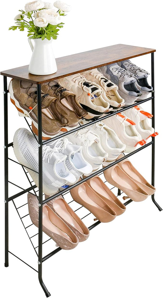 Narrow Shoe Rack for Front Door Entrance,4-Tier Shoes Rack Storage Organizer with 3 Slanted Shelves and Top Shelf for Entryway,Skinny Space Saving Shoe Rack, Black-NeatNest