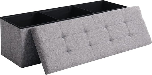 Cuyoca 45.3 Inches Foldable Seat Footrest Shoe Bench End of Bed Storage with Flipping Lid, 166L Upholstered Tufted Bench, Linen Fabric Grey-NeatNest