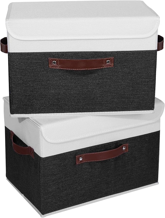ANMINY 2PCS Storage Boxes with Lid Washable Decorative Storage Bins Basket with PU Leather Handle Foldable Linen Fabric Storage Cubes Containers for Home Closet Organizer - Black White, Large Size-NeatNest