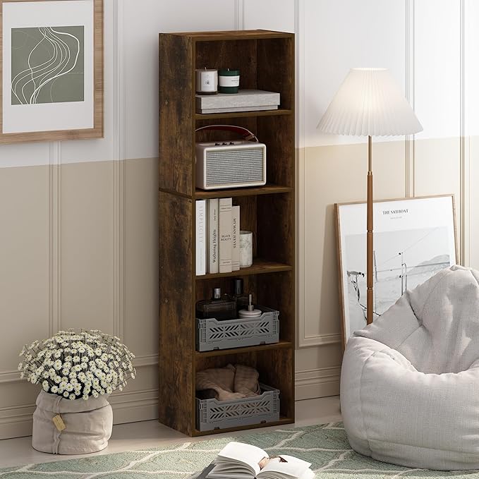 Furinno Luder 5-Tier Open Shelf Bookcase, Bookshelf, Amber Pine-NeatNest