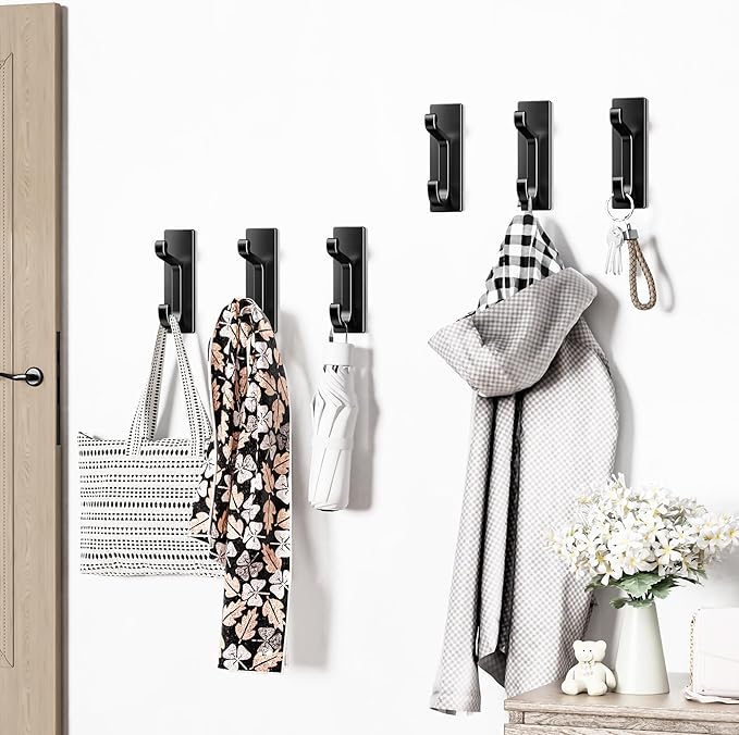 6 Pack Self Adhesive Wall Black Hooks - Sticky Hooks Wall Mount for Clothes, Towel, Robes, Keys, Purse, Backpack, Heavy Duty Hooks for Door Kitchen Bathroom Shower Rental Houses, Hold 10Lbs.