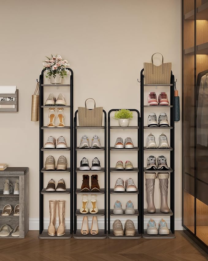 8 Tiers Vertical Shoe Rack, Narrow Shoe Tower, Tall Shoes Shelf with 2 Hooks, Adjustable Shelves, Corner Shoes Shelves for Small Spaces, Entryway, Living Room, Greige SR04305B-NeatNest
