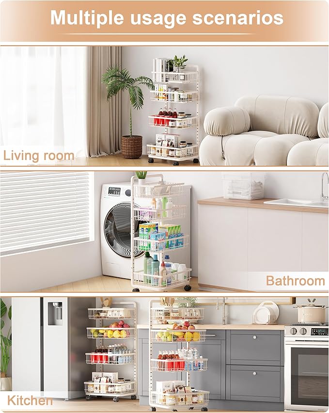 UMDONX 4-Tier Kitchen Storage Cart Metal Snack Cart Adjustable Fruit Basket on Wheels Stand Baskets for Potato Onion Produce White