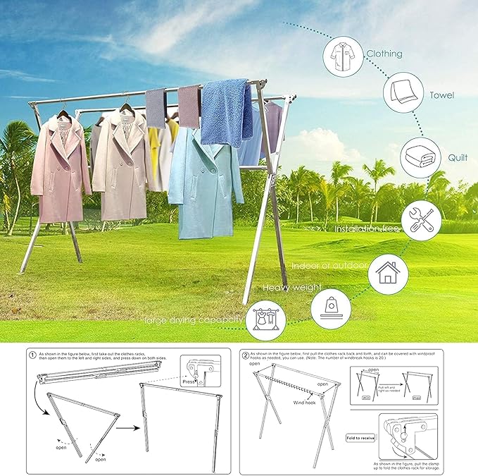 Clothes Drying Rack Folding Indoor Outdoor, Foldable Portable Laundry Drying Rack, Heavy Duty Laundry Hanger Dryer Rack with 20 Hooks-NeatNest