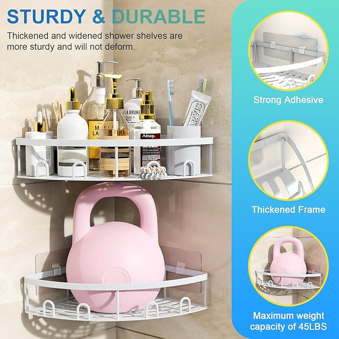 Corner Shower Caddy, 2 Pack Adhesive Bathroom Shower Corner Organizer Shelf, No Drilling Rustproof Wall Mounted Shower Storage Rack Shampoo Holder Organizer (White)