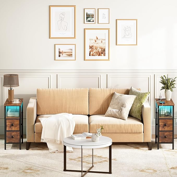 HOOBRO Narrow Side Table with LED Light and USB C Port, Night Stand with Charging Station, Skinny End Table with 2 Fabric Drawers, for Bedroom, Living Room, Rustic Brown and Black BF487UDBZ01