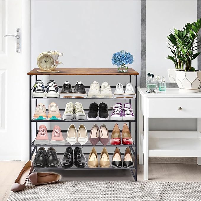 Garden 4 you 5-Tier Tilting Adjustable Freestanding Shoe Rack 12-Pairs for Durability and Stability for Entryways, Hallways, Closets, Dormitory Rooms, and Industries，Brown-NeatNest