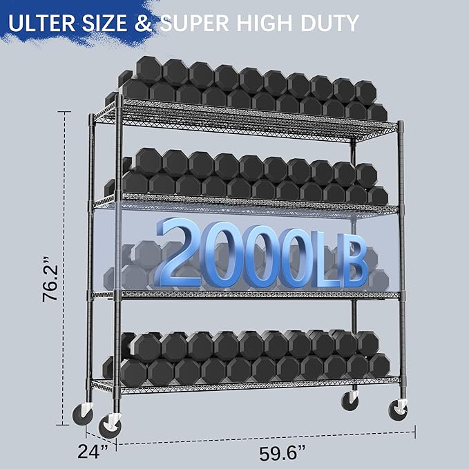 GIOTORENT 4-Tier Heavy Duty Storage Shelves with Wheels, 59.6" W x 24" D x 76.2" H, 2000LB Capacity Mobile Metal Shelving Unit, 1IN Adjustable Height for Garage & Warehouse, Black