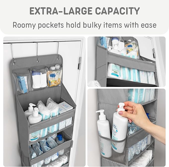 Heavy Duty Over The Door Organizer Hanging Storage – 6-Tier Behind The Door Storage with 5 Large, 6 Side & 3 PVC Pockets – 50 lbs Hanging Organizer for Closet, Nursery, Bathroom – 1 Pack, Gray-NeatNest
