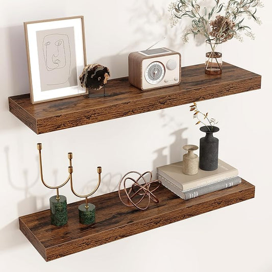 Floating Shelves for Wall, 24"W x 6.7"D x 1.4"H, 2 Pack of Long Wall Mounted Engineered Wood Shelves with Invisible Brackets for Living Room Bedroom Bathroom Kitchen Decor Storage, Rustic Brown-NeatNest