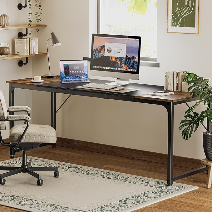 Huuger 78.7 Inch Office Computer Desk with Storage, Writing Work Desk for Home Office, Study, Gaming, Long Simple Desk, Large Legroom, Metal Frame, Rustic Brown and Black-NeatNest