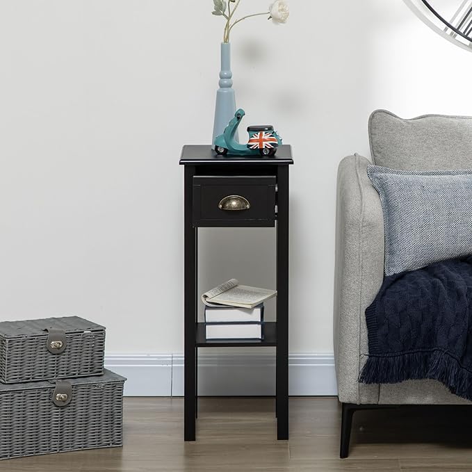 HOMCOM 2-Tier Side Table with Drawer, Narrow End Table with Bottom Shelf, for Living Room, Set of 1, Black