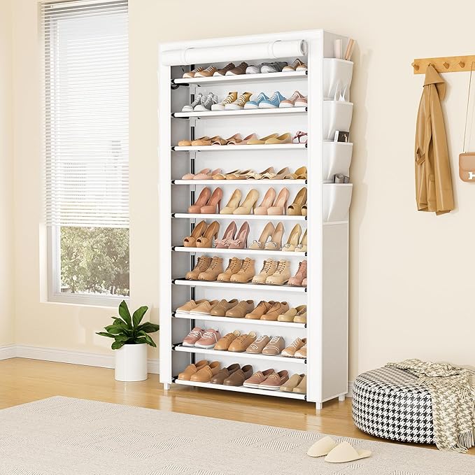 VTRIN Tall Shoe Rack with Cover, 10 Tier Shoe Organizer Storage for 50-55 Pairs Shoes and Boots Large Capacity Shoe Shelf with 8 Pockets Free Standing Shoe Rack for Closet, Entryway, Garage, White-NeatNest
