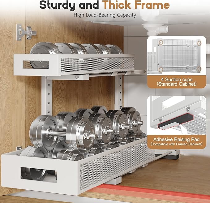 2 Pack 19IN Depth Under Sink Storage Organizer, Large 2-Tier Elegant Mesh Pull Out Shelf for Kitchen and Bathroom Cabinet Organization, L-Shaped and Adjustable Height Design-White-NeatNest