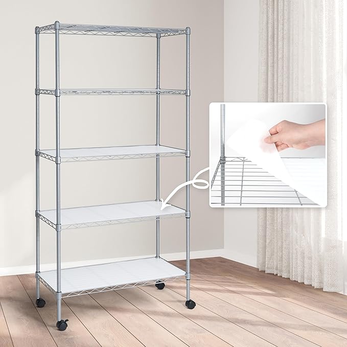 CAPHAUS NSF Adjustable Shelves Metal Wire Shelving Unit w/Liners, Kitchen Storage Shelving, Metal Steel Storage Shelving, Garage Shelving Storage Organizer, Utility Shelf, 5-Tier W/Wheels, Silver-NeatNest