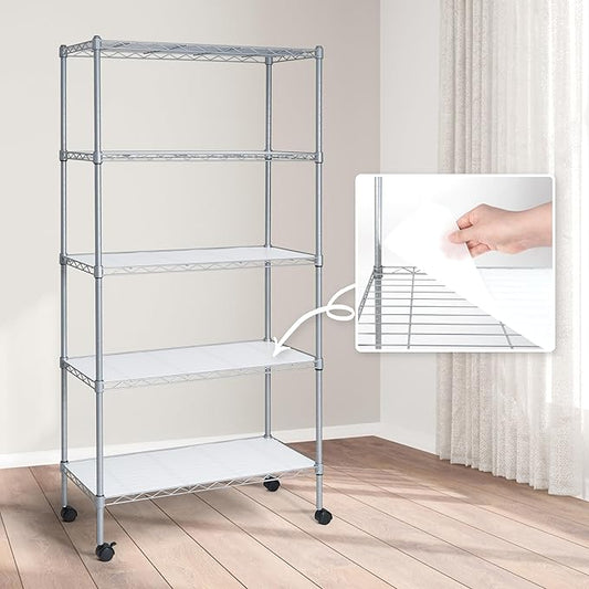 CAPHAUS NSF Adjustable Shelves Metal Wire Shelving Unit w/Liners, Kitchen Storage Shelving, Metal Steel Storage Shelving, Garage Shelving Storage Organizer, Utility Shelf, 5-Tier W/Wheels, Silver-NeatNest