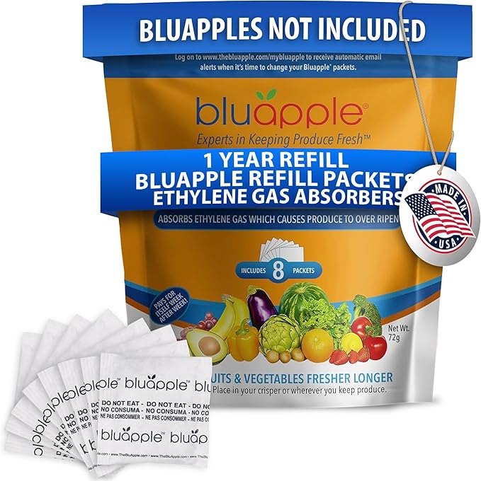 Bluapple Produce Saver Refill Kit - Keep Fruits & Vegetables Fresh Longer, Veggie & Fruit Saver, 8 Packets (9 grams each), Lasts up to 3 Months, Produce Storage, Ethylene Gas Absorber, Made in USA-NeatNest