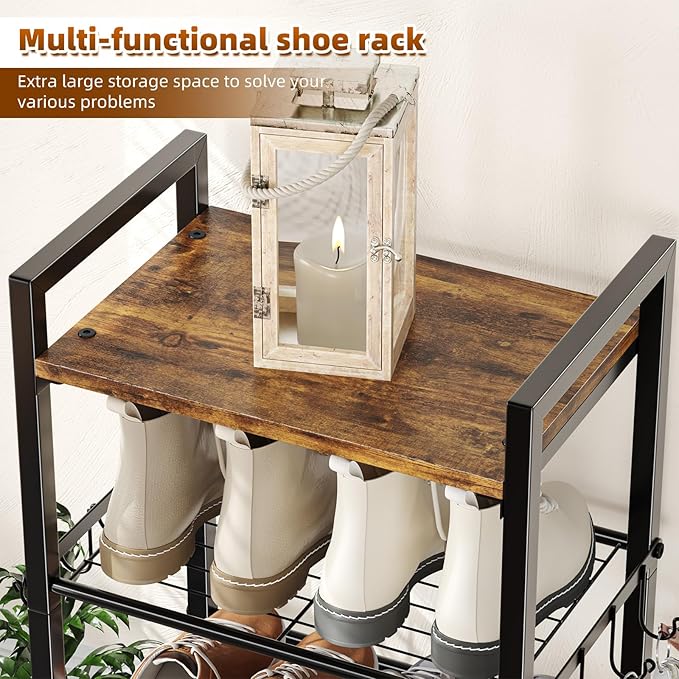 Simple Trending 8 Tiers Shoe Rack 16 Pairs Tall Wooden Plank Shoe Shelf with Hooks for Closet Entryway Organizer Sturdy Free Standing Shoe Storage Cabinet，Black-NeatNest