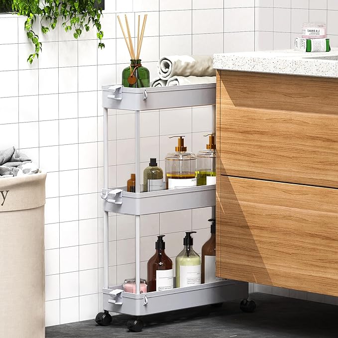SPACEKEEPER Slim Rolling Storage Cart, 3 Tier Storage Organizer Laundry Room Organizer Mobile Shelving Unit, Multi-Purpose for Kitchen Office Bathroom Laundry Narrow Places, Gray-NeatNest