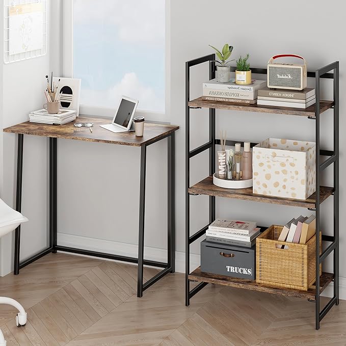 BHG Vintage Multifunctional Folding Bookshelf, No-Assembly Plant Stand Storage Rack Shelves for Home Office (Fire, 3-Tier)-NeatNest