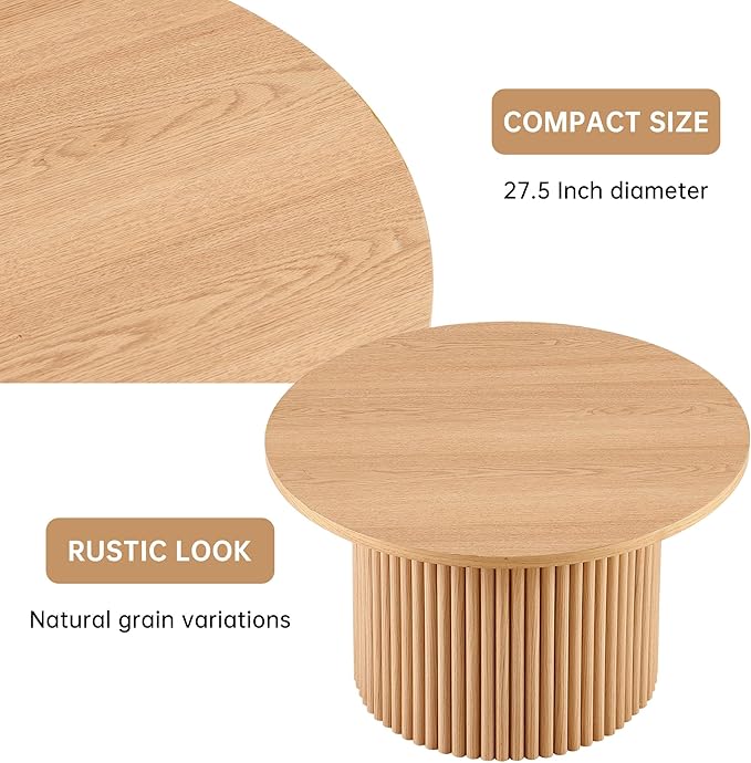 NORDICANA Single Accent Round Coffee Table, 27.5 Inch Oak Color Farmhouse Center Table for Living Room, Manufactured Wood Top with Oak Veneer