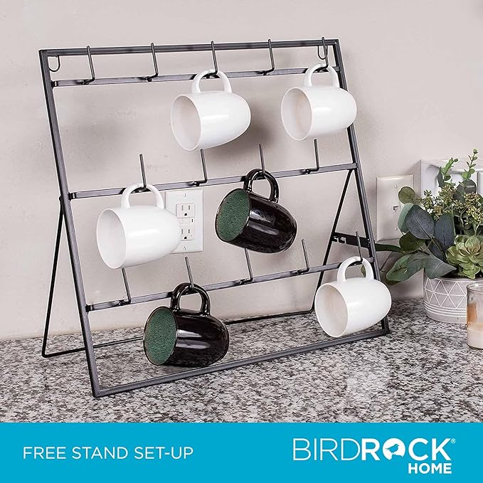 BIRDROCK HOME 14-Hook Mug Rack - Free Standing or Wall Mountable - Coffee Tea Cup Glass Storage Holder - Coffee Bar Display Décor - Decorative Kitchen Organizer - Flat Black Metal Steel-NeatNest