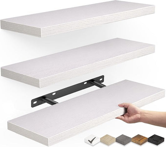 BAYKA Floating Shelves for Wall – Rustic Wood Wall Shelves with Metal Brackets for Bathroom, Bedroom, Kitchen, or Living Room Decor Organization – White, Set of 3, Sturdy Storage with 22lb Capacity-NeatNest