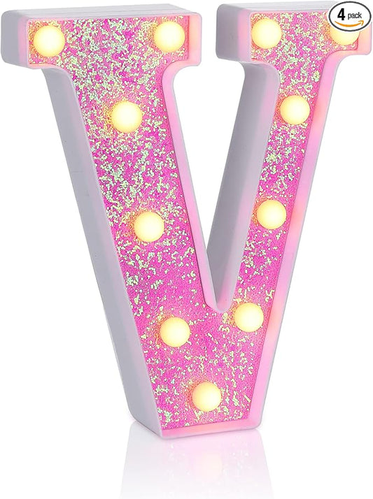 Foaky Pink Light up Letters，Pink Party Decorations,Girls Room Decor,Glitter Light Up Letters,Alphabet Letter Sign for Night Light Birthday Party Girls Gifts, Home Bar Decoration（V）-NeatNest
