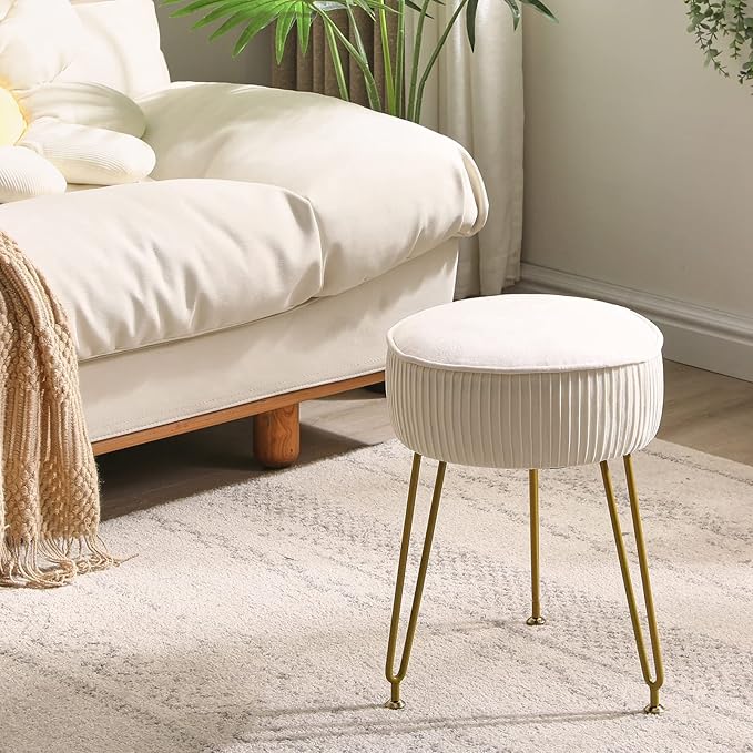 IBUYKE Velvet Round Footrest Stool Ottoman, Makeup Vanity Stool Side Table, Velvet Dressing Table Seat, Pouf Couch Stool, Golden Steel Legs, Creamy-White LG-30M