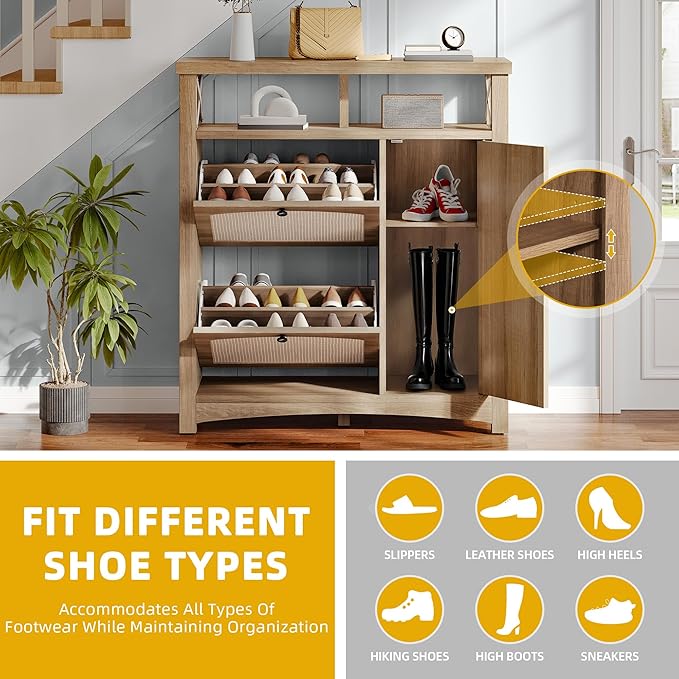 DWVO Farmhouse Shoe Cabinet with 2 Flip Drawers, Rattan Shoe Rack w/Door, Entryway Shoe Organizer with Open Storage & Adjustable Shelves, Rustic Hidden Shoes Storage Cabinet for Foyer, Hallway, Oak-NeatNest
