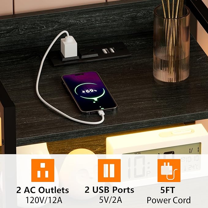 Furnulem Night Stand with Charging Station, Tall Black Dresser for Bedroom, Nightstand with Led Light, Bed Side Table for Living Room, Fabric Storage Drawer, Metal Frame, Wood Furniture