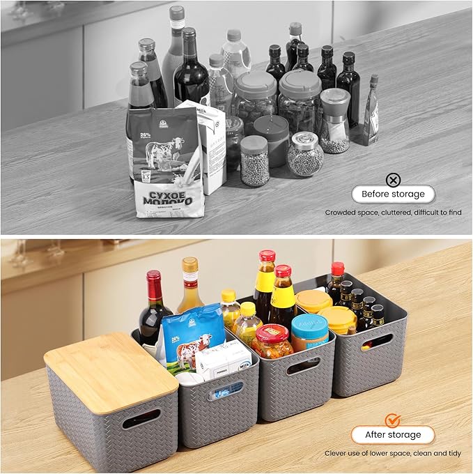 4 Packs Storage Bins with Bamboo Lids - Plastic Storage Containers with Lids Stackable Storage Box：Storage Baskets for Organizing Desktop Closet Playroom Classroom Office,Gray