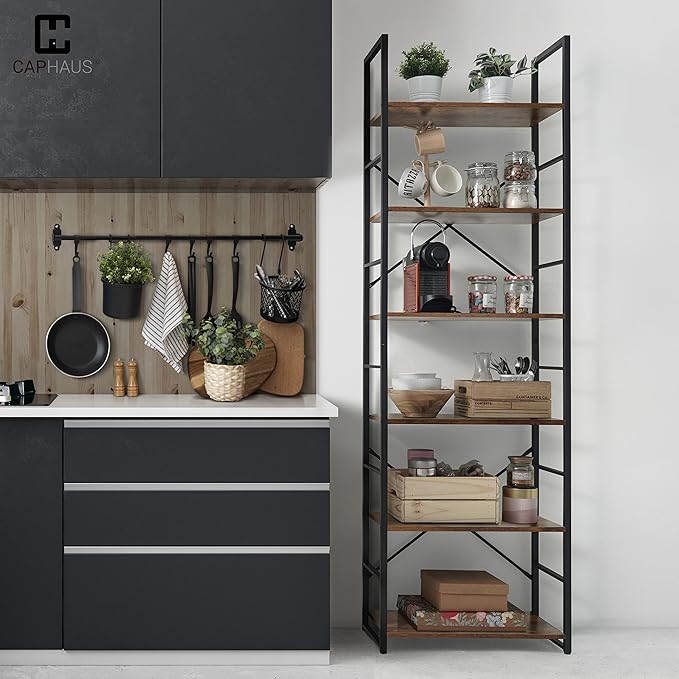 CAPHAUS 6 Tier Bookshelf, 24 Inch Width Free Standing Shelf, Bookcase Shelf Storage Organizer, Industrial Book Shelves for Home Office, Living Room, Kitchen, Rustic Oak Vintage Shelves & Metal Frame-NeatNest