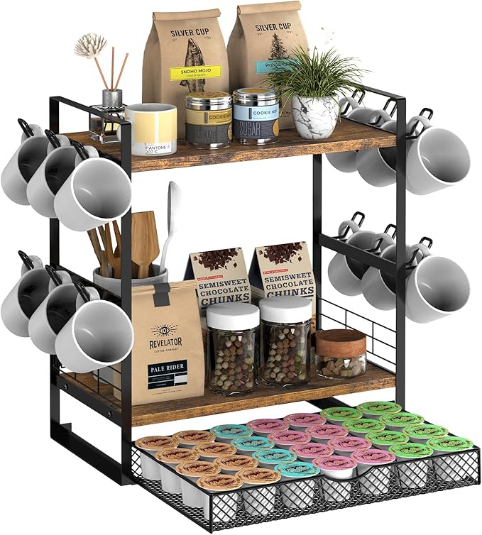 Coffee Station Organizer, 3 Tier Bar Organizer for Countertop, Mug Cup Holder Stand With 12 Hooks and 28 K Cup Storage for Kitchen, Home & Office, Rustic Brown-NeatNest