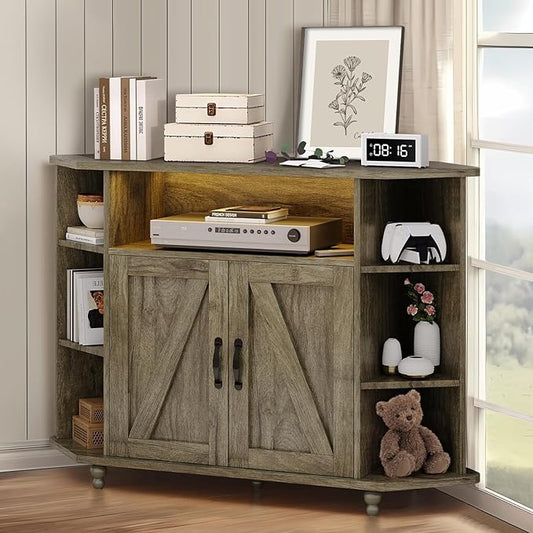 4 EVER WINNER Corner TV Stand for 50 Inch TV, Farmhouse Corner Entertainment Center with Led Light, Open Storage, Adjustable Shelves, TV Cabinets for Living Room, Bedroom, Grey-NeatNest