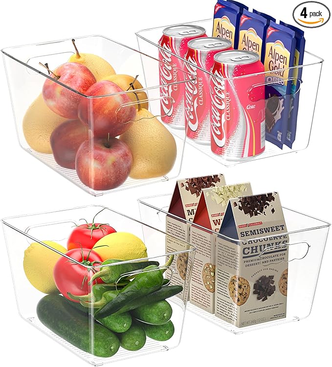 BALEINE Clear Plastic Storage Bins, Pantry Organization, BPA Free Stackable Refrigerator Organizers and Storage with Handles for Kitchen Fridge Cabinet Bathroom (4PK, 9.5x5.5x4.5)-NeatNest