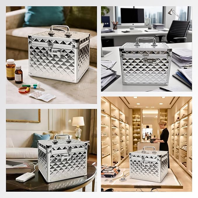 Medication Combination Lock Boxes with Code for Personal Items, Medicine Lockbox for Documents 10 x 7.25 x 7.75 Inches Plaid Silver