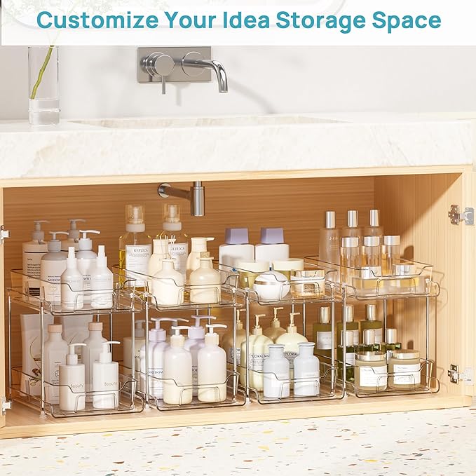 Vtopmart 4 Pack 2 Tier Bathroom Under Sink Organizers and Storage, Clear Kitchen Pantry Organization, Pull Out Medicine Cabinet Organizer with Movable Dividers-NeatNest