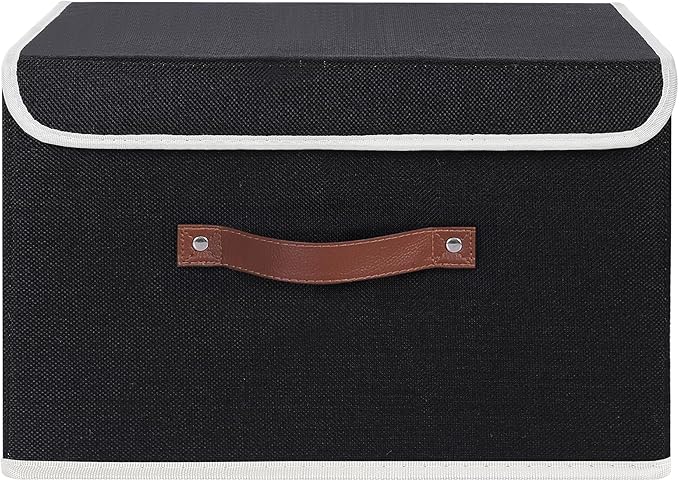 ANMINY 2PCS Storage Bins with Lid PU Leather Handles Storage Boxes PP Plastic Board Decorative Foldable Lidded Cotton Linen Fabric Home Cubes Baskets Closet Organizer Containers - Black, Large Size-NeatNest
