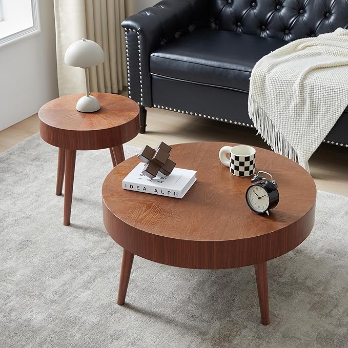 Farmhouse Round Coffee Table Set of 2, Rustic Sofa Side End Tables w/Wood Finish, Nesting End Table Set for Living Room, Bedroom (Walnut)