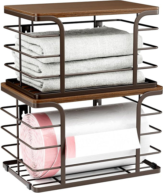 2 Pack Extra Large Pantry Baskets with Bamboo Top,Stainless Steel Trash Bag Dispenser for Kitchen Sink and Laundry Room Organization,Brown-NeatNest
