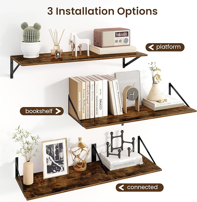 Fun Memories Floating Shelves for Wall, 12 Inch Deep Floating Shelves Set of 2, 24W x 12D Large Wall Shelf with Sturdy Metal Brackets for Living Room, Bathroom, Bedroom and Kitchen, Rustic Brown-NeatNest