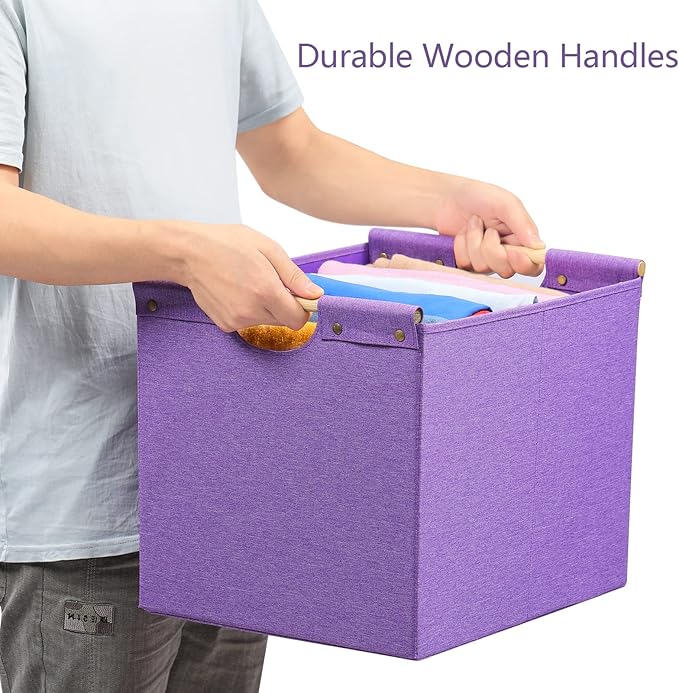 HOONEX Large Foldable Storage Bins, Linen Fabric, Pack of 2, Storage Baskets with Wooden Carry Handles and Sturdy Heavy Cardboard, for Home, Office, Car, Nursery, Purple