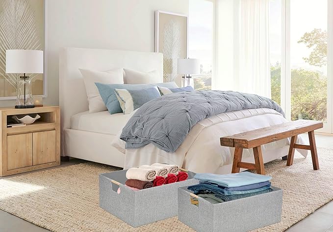 Collapsible Storage Box for Women - Foldable Home Organizer 16.9x12.5x7Inches with Wooden Handles | Closet, Bathroom & Kids Room Storage | Heavy-Duty Linen Fabric 2Pack-NeatNest