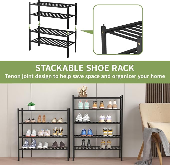 4 Tier Bamboo Shoe Rack for Closet Free Standing Wood Shoe Shelf for Entryway Small Space Stackable 27"x11"x26" (Black)-NeatNest