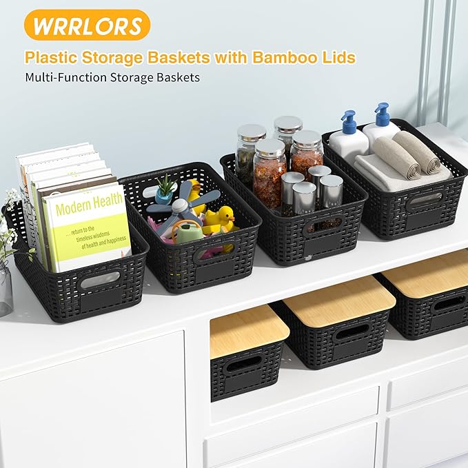 6 Pieces Black Plastic Storage Baskets with Bamboo Lids with Labels Stackable Storage Containers for Organizing Shelves Drawers Desktop Closets Playroom Classroom Office