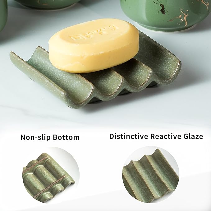 Draining Ceramic Soap Dish - Fluted Design, Bar Soap Holder for Shower & Bathroom, Soap Saver Sponge Lift, Green-NeatNest