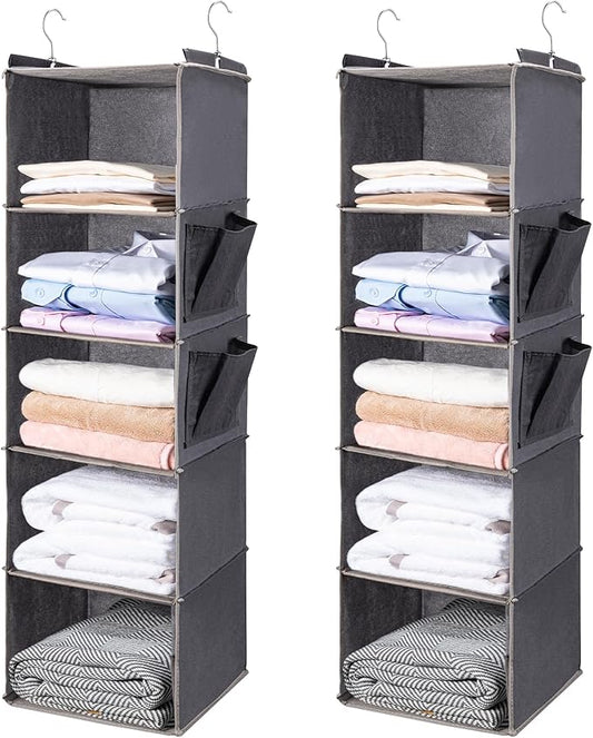 BOOMIBOO Hanging Closet Organize and Shelves，5-Hanging Shelf with 2 Side Pockets，Storage Foldable （2 Pack ，Grey）-NeatNest