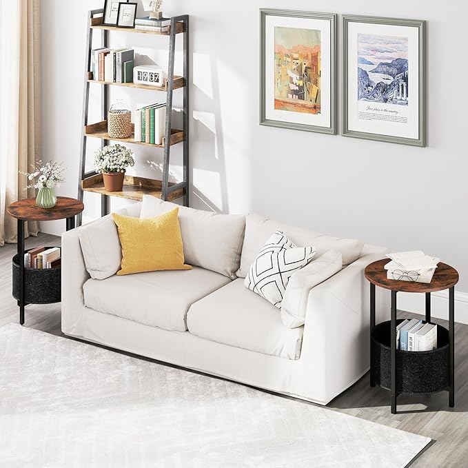 GOFALME Round End Table with Storage, Sofa Side Table with Removable Fabric Basket, Metal Frame, Wooden Top, Industrial, 2-Tier Bedside Table for Living Room, Bedroom, Rustic Brown