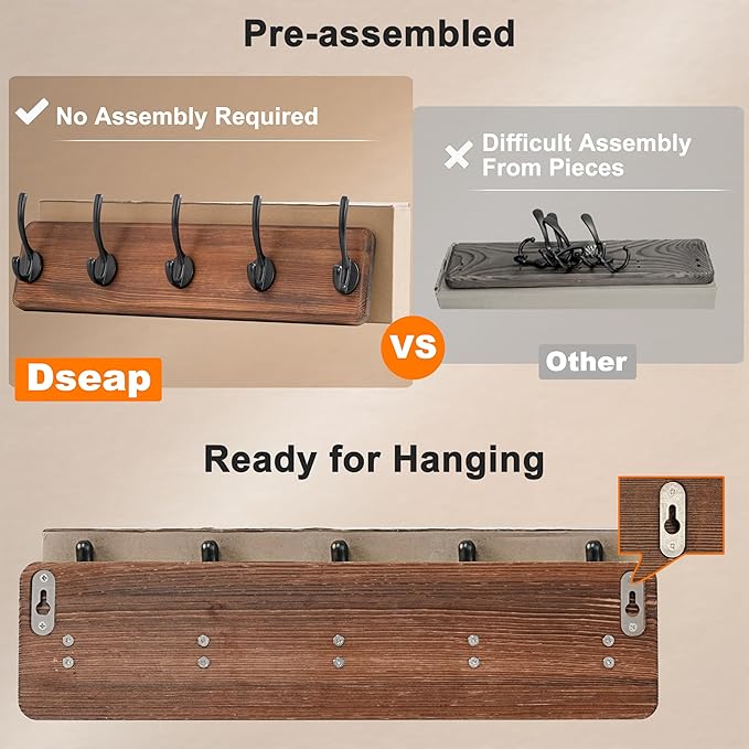 Dseap Coat Rack Wall: Patented, Heavy-Duty, 5-Double-Hooks Wooden Wall Mounted Coat Rack Coat Hanger Hook Rail for Winter Coats Hat Jacket Clothing, Weathered Blue, Pack of 2